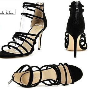 NWT in Box NICOLE MILLER Sz 8.5 Black Suede Strappy High Heel Sexy Classy Shoes